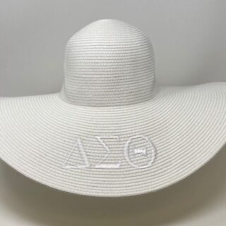 White wide brim straw hat with white DST symbols
