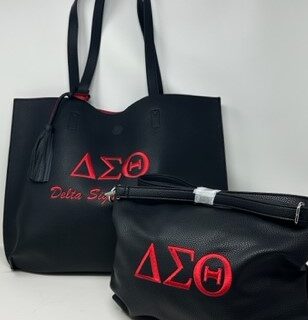 TT02 2-in-1 Black Tassel Tote with Red DST Symbols | Embroidered