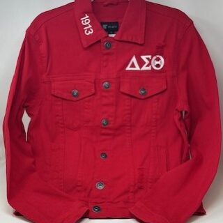 DA19 Red Denim Jacket with White DST Symbols & Fortitude